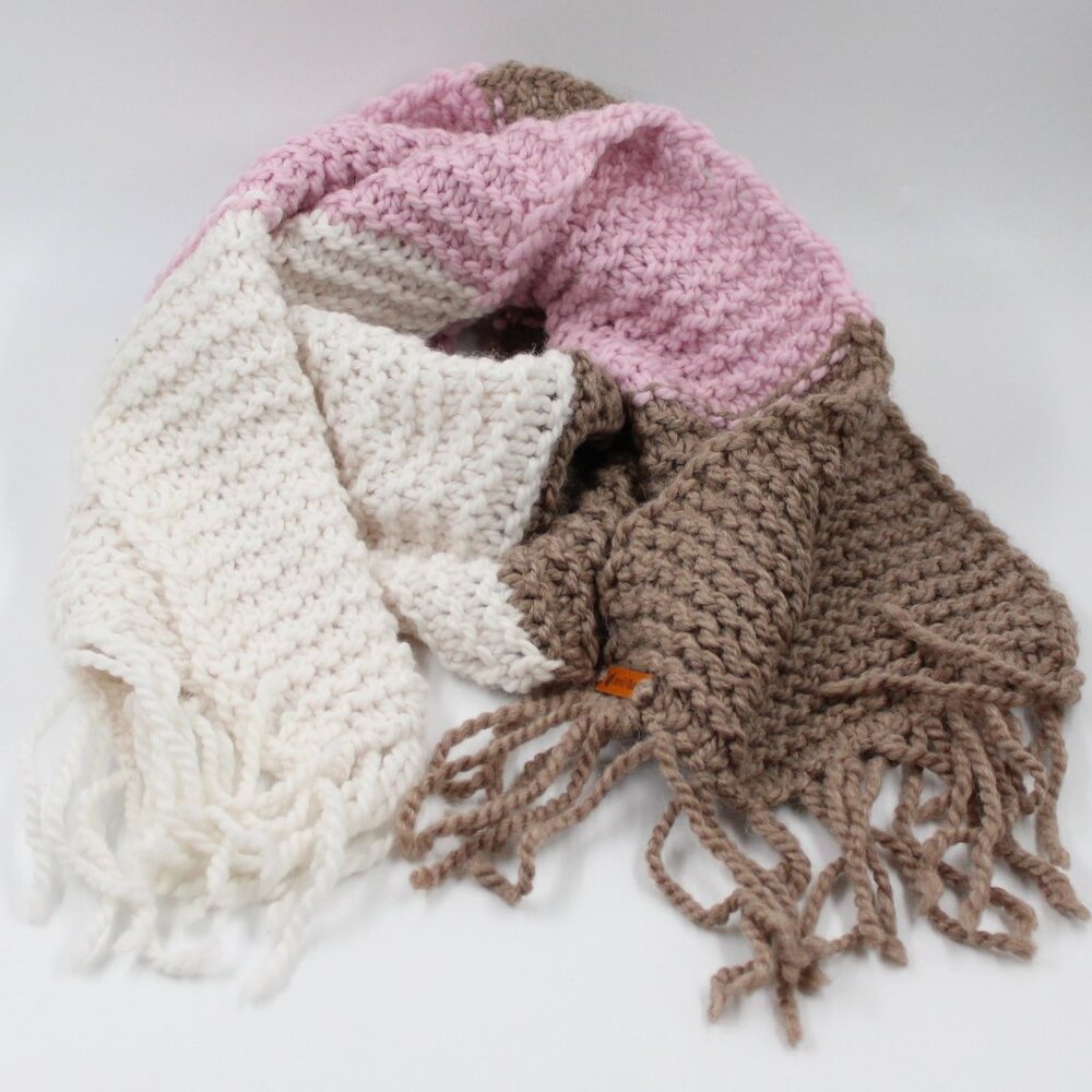 Handmade Knit Alpaca Wool Powder Pink Beige & White Sandstone Scarf with Fringe